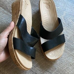 CROCS Black and Tan Cork Wedge Sandals Size 7 W